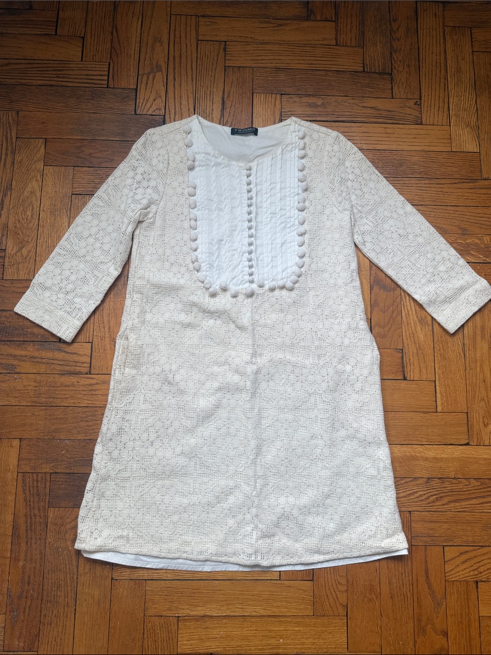 Twinset Cream Lace Crochet Shift Dress with Button-Trim Bib and pockets